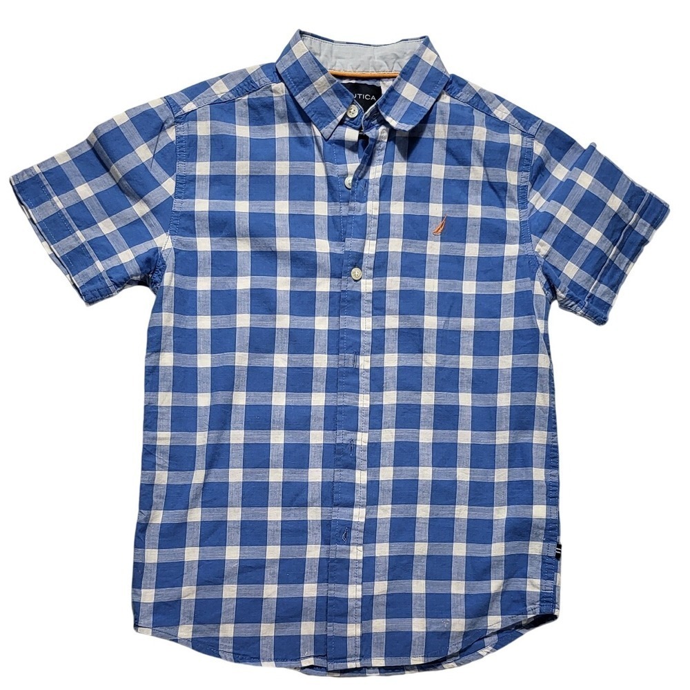 Nautica Plaid Shirt Short Sleeve Button Down Casual Blue White Size M
